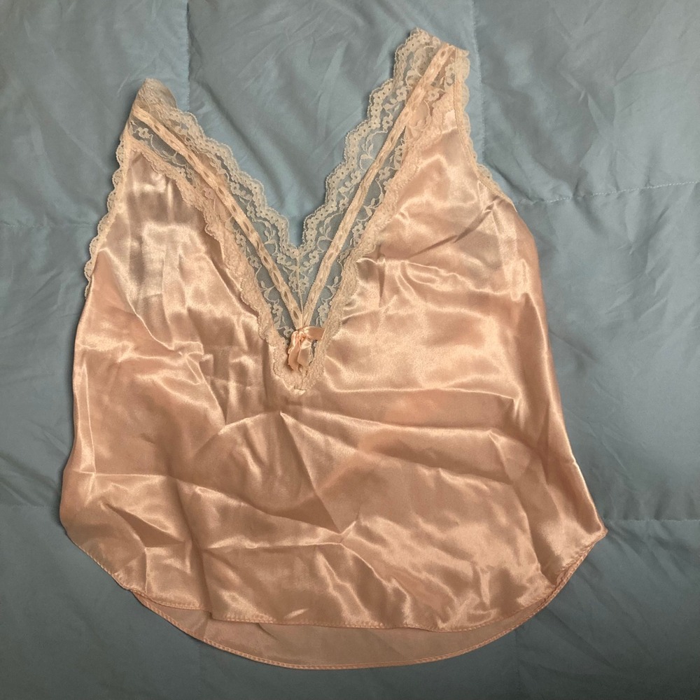 8 10 M Vintage Peach Satin Lace Trim Cami Tank Top